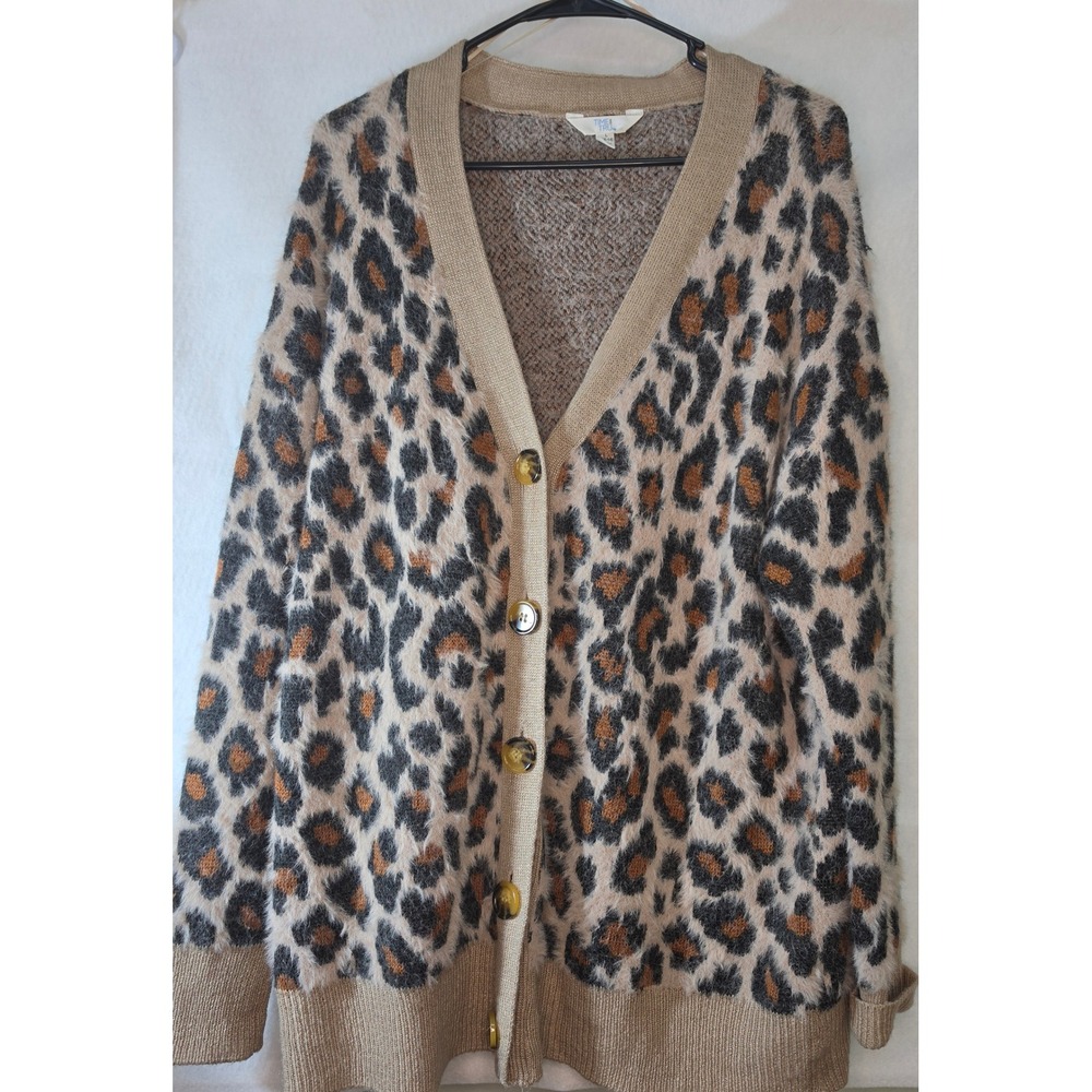 Time and Tru Women Leopard Print Fuzzy Cardigan Sweater Tan Brown Large 12-14